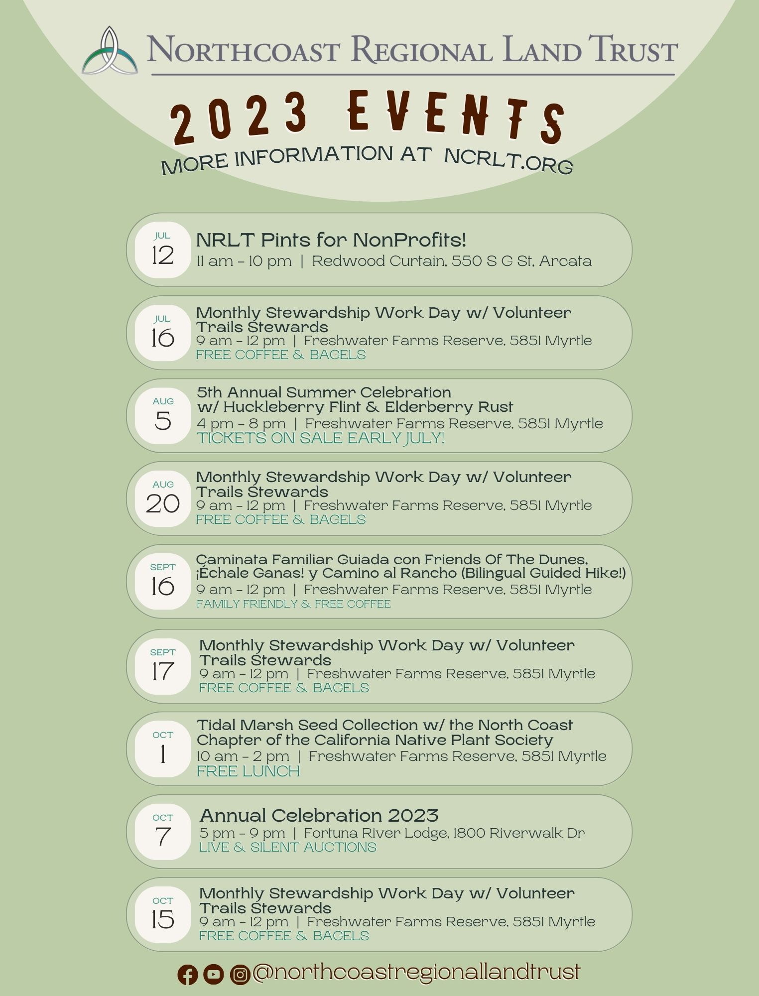 Calendar of events for NRLT in 2023; check out our events page for the contents here!