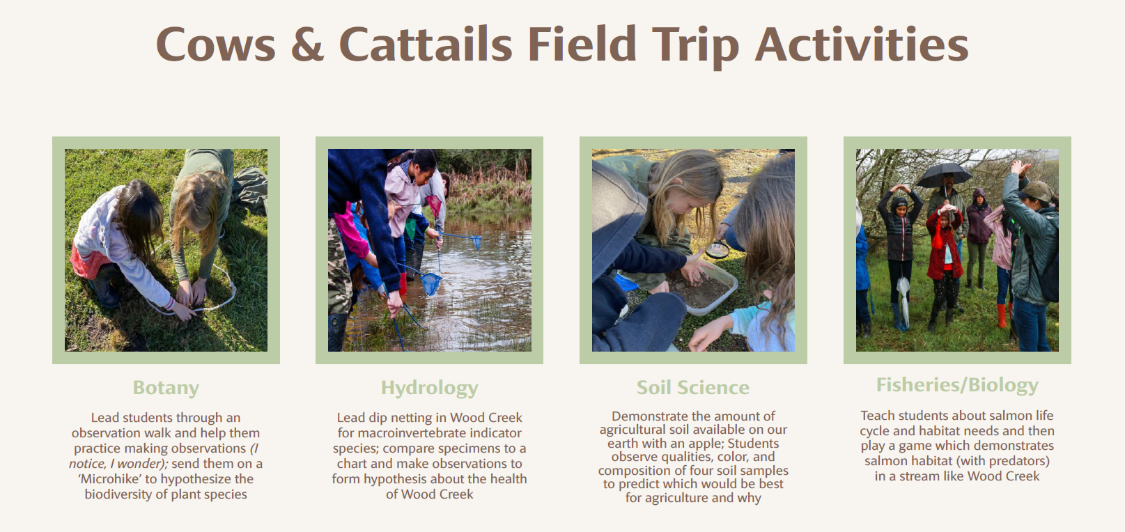 Cows & Cattails Field Trip Activities Botany: Lead students through an observation walk and help them practice making observations (I notice, I wonder); send them on a 'Microhike' to hypothesize the biodiversity of plant species Hydrology: Leaddip netting in Wood Creek for macroinvertebrate indicator species; compare specimens to a chart and make observations to form hypotheses about the health of Wood Creek Soil Science: Demonstrate the amount of agricultural soil available on our earth with an apple; students observe qualities, color, and composition of four soil samples to predict which would be best for agriculture and why Fisheries/Biology: Teach students about salmon life cycle and habitat needs and then paly a game which demonstrates salmon habitat (with predators!) in a stream like Wood Creek